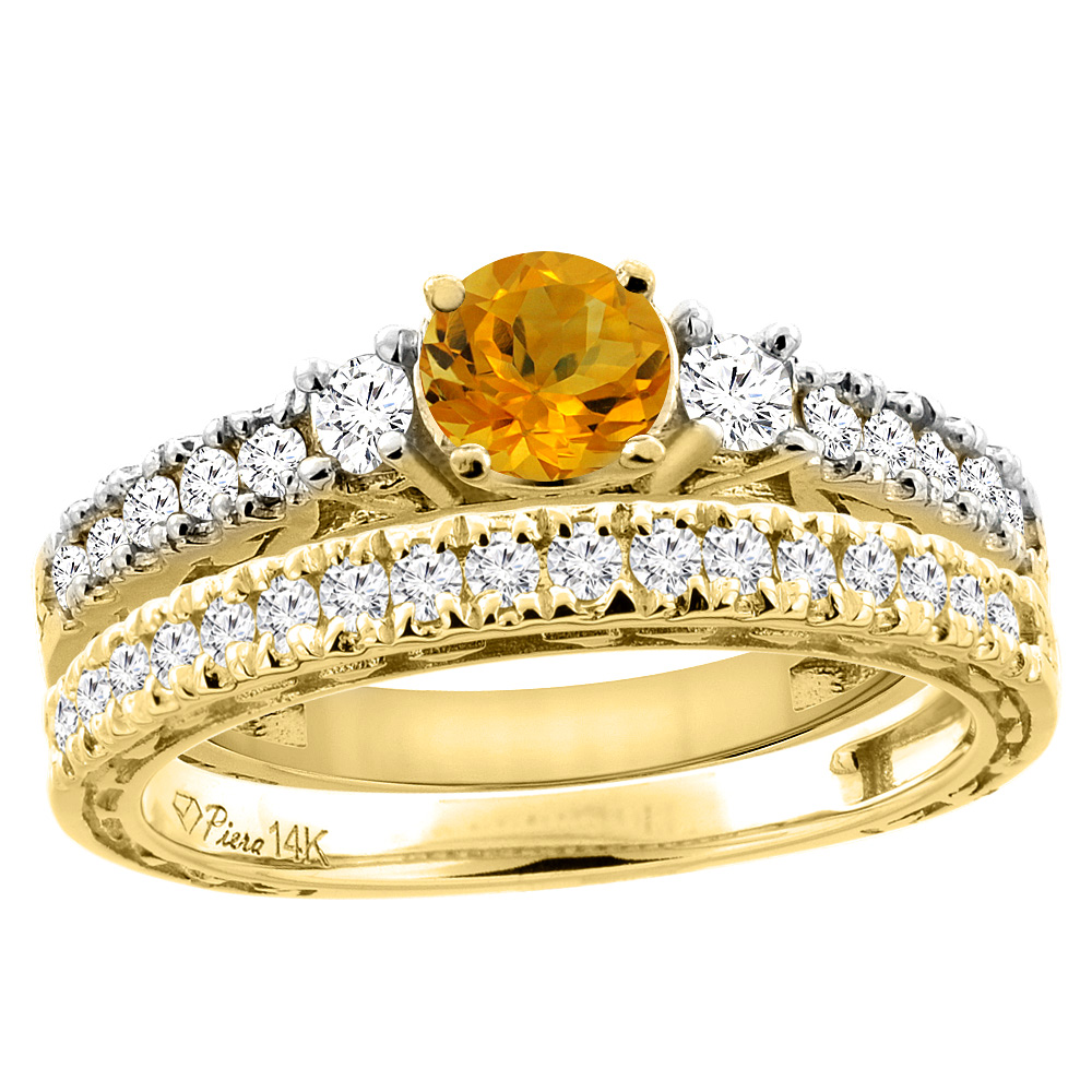 14K Yellow Gold Diamond Natural Citrine Engagement 2-pc Ring Set Engraved Round 6 mm, sizes 5 - 10