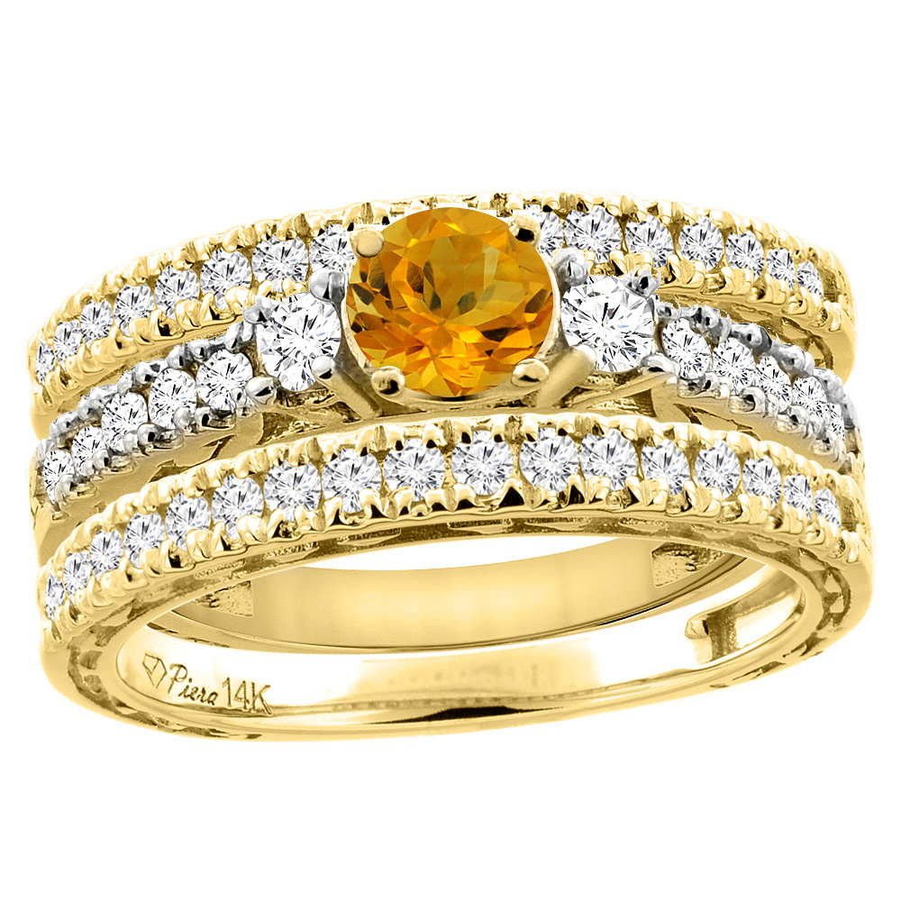14K Yellow Gold Diamond Natural Citrine Engagement 3-pc Ring Set Engraved Round 6 mm, sizes 5 - 10