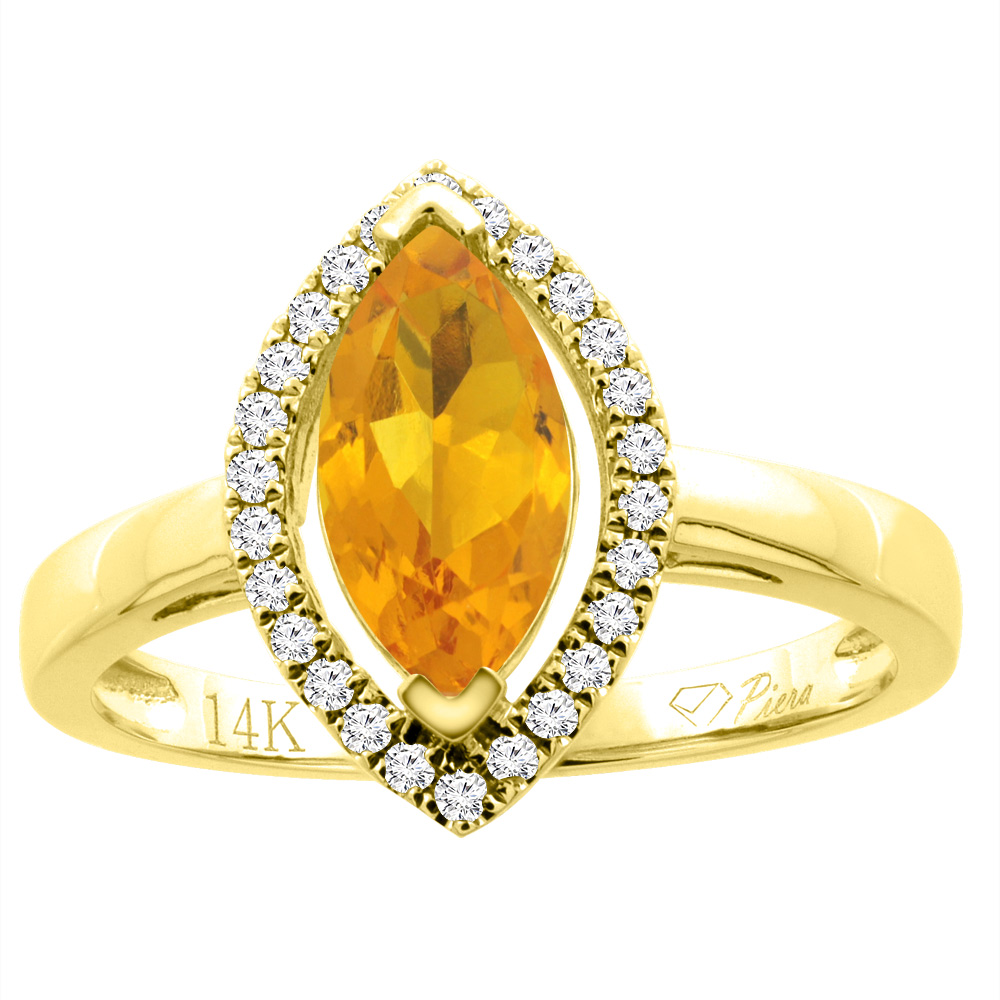 14K Gold Natural Citrine Halo Ring Marquise 10x5 mm Diamond Accents, sizes 5 - 10