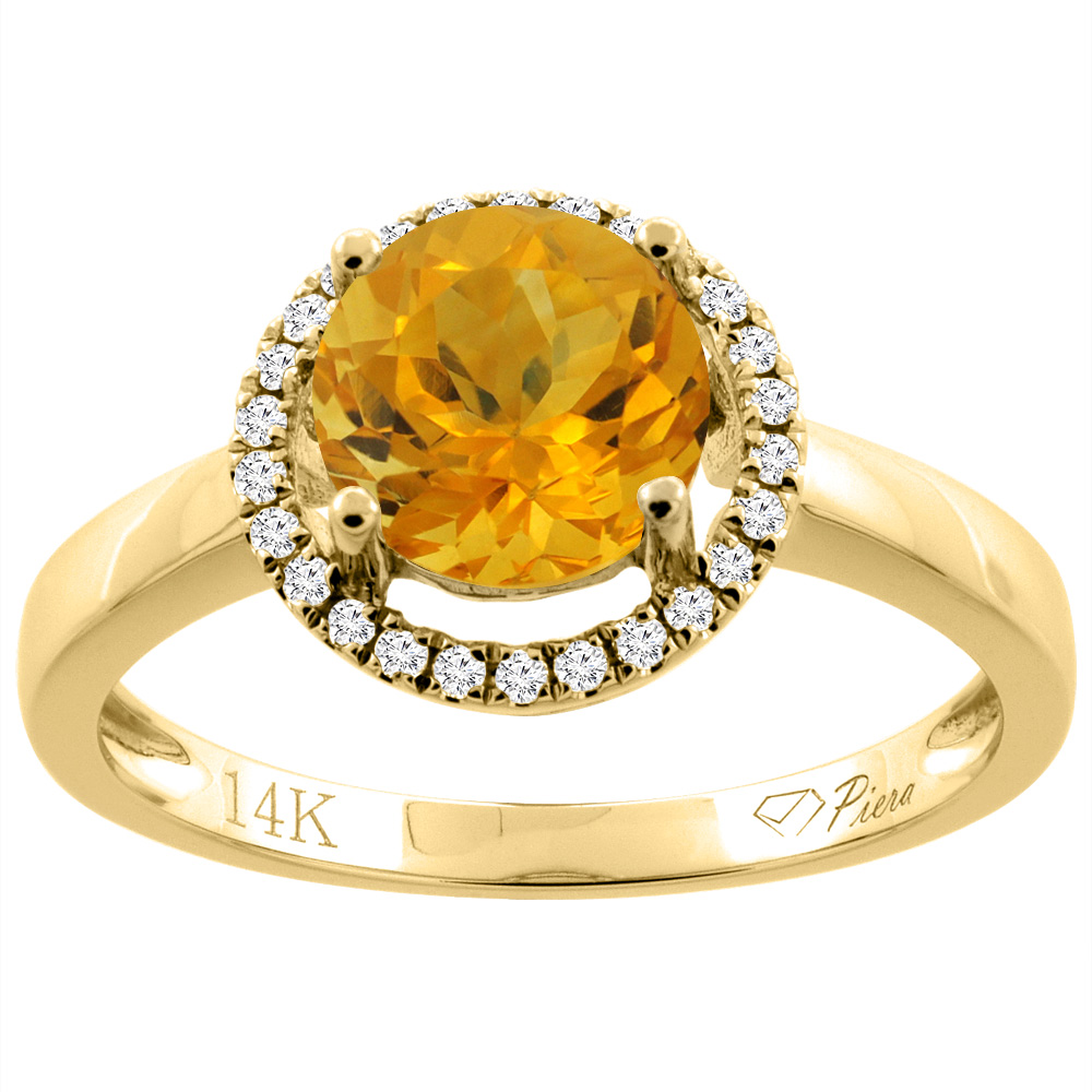 14K Gold Natural Citrine Ring Round 7 mm Diamond Accents, sizes 5 - 10