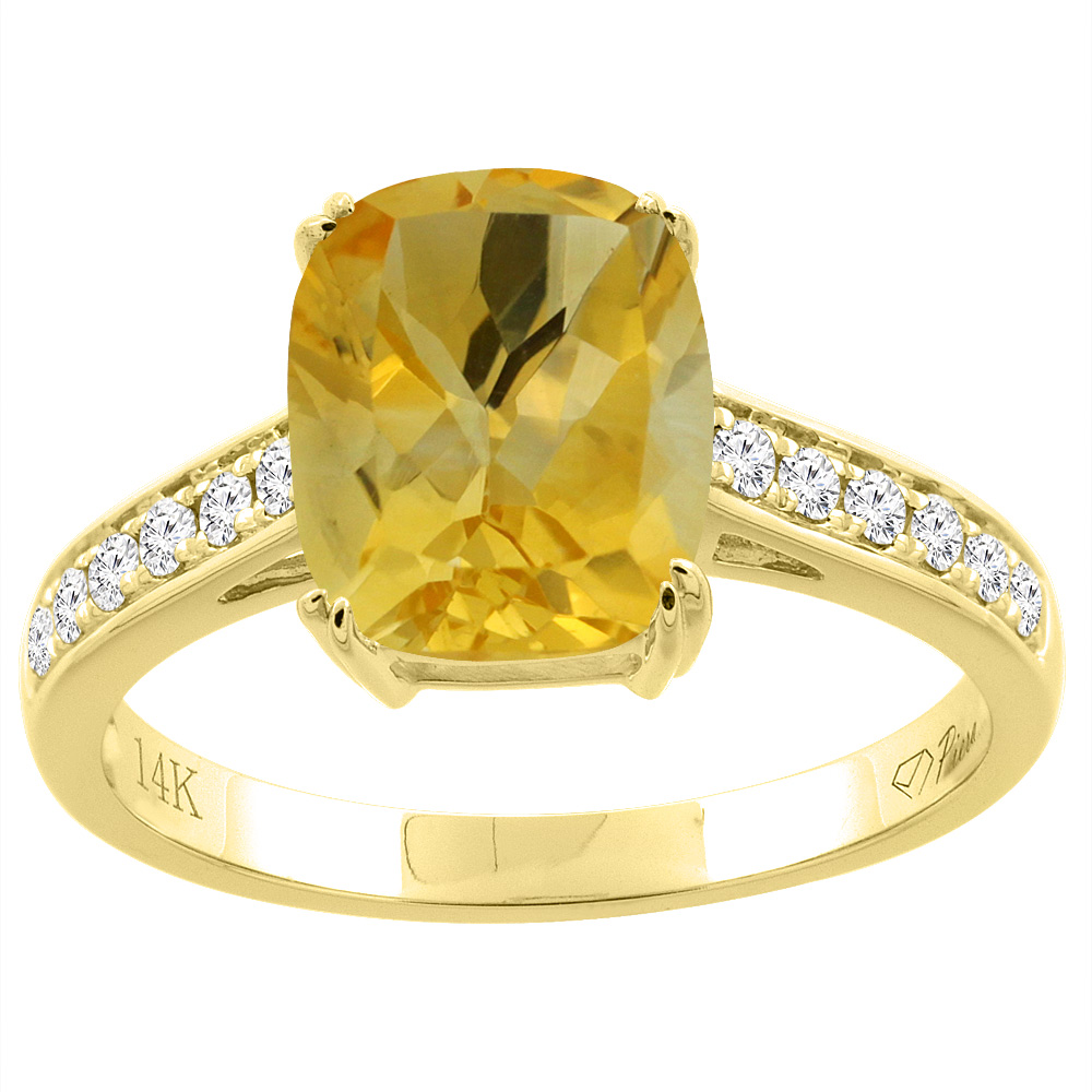 14K Gold Natural Citrine Ring Cushion Cut 9x7 mm Diamond Accents, sizes 5 - 10