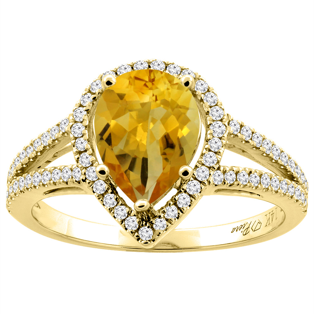14K Gold Natural Citrine Ring Pear Shape 9x7 mm Diamond Accents, sizes 5 - 10