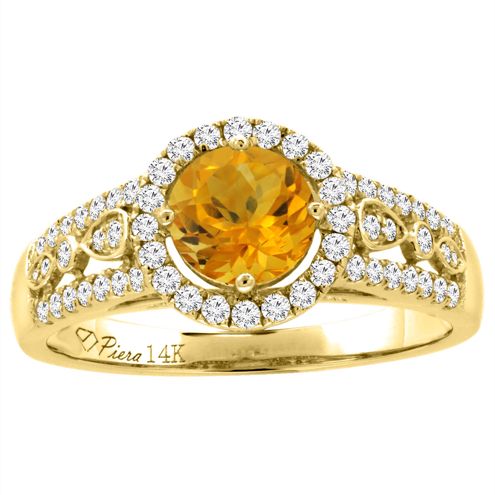 14K Yellow Gold Diamond Natural Citrine Engagement Halo Ring Round 7 mm, sizes 5-10