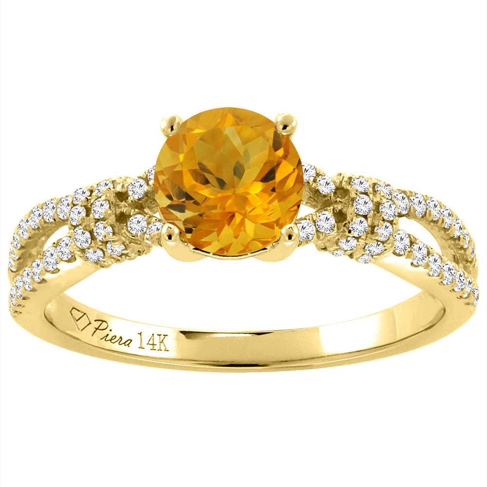 14K Yellow Gold Diamond Natural Citrine Engagement Ring Round 7 mm, sizes 5-10