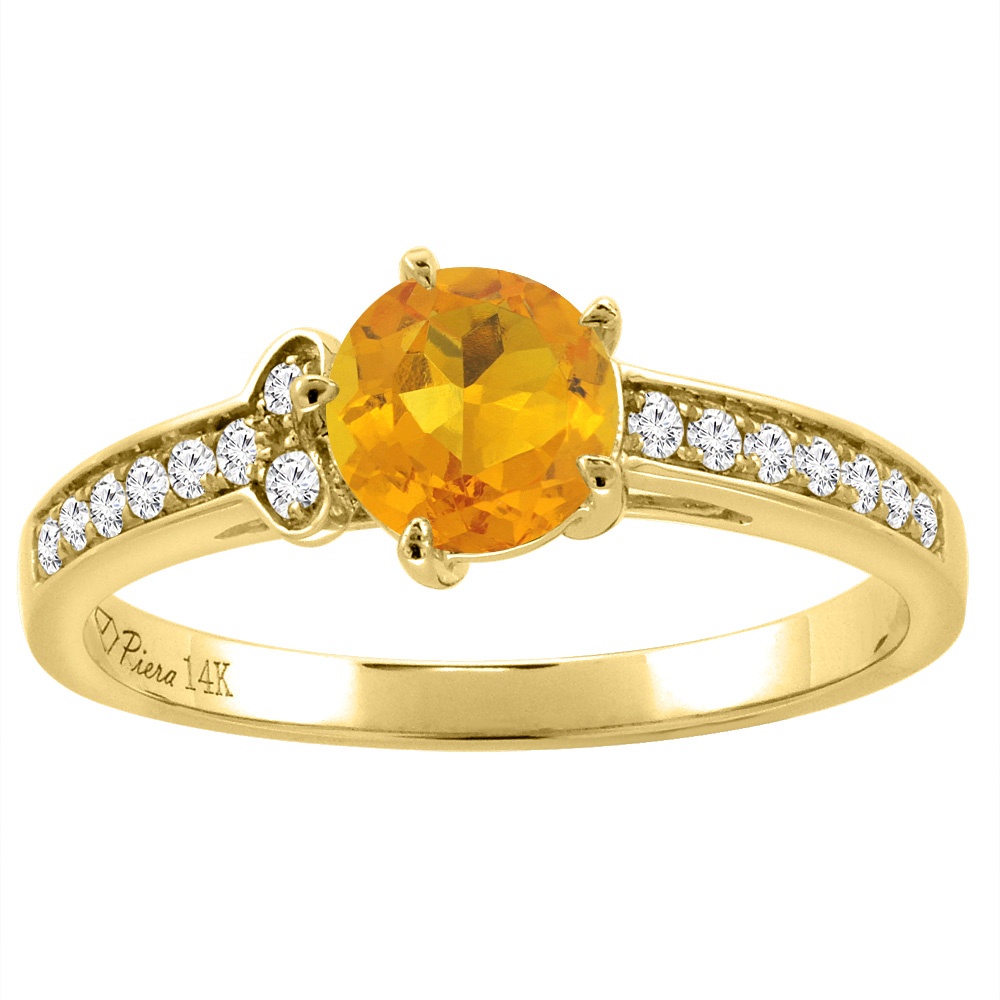 14K Yellow Gold Diamond Natural Citrine Engagement Ring Round 7 mm, sizes 5-10
