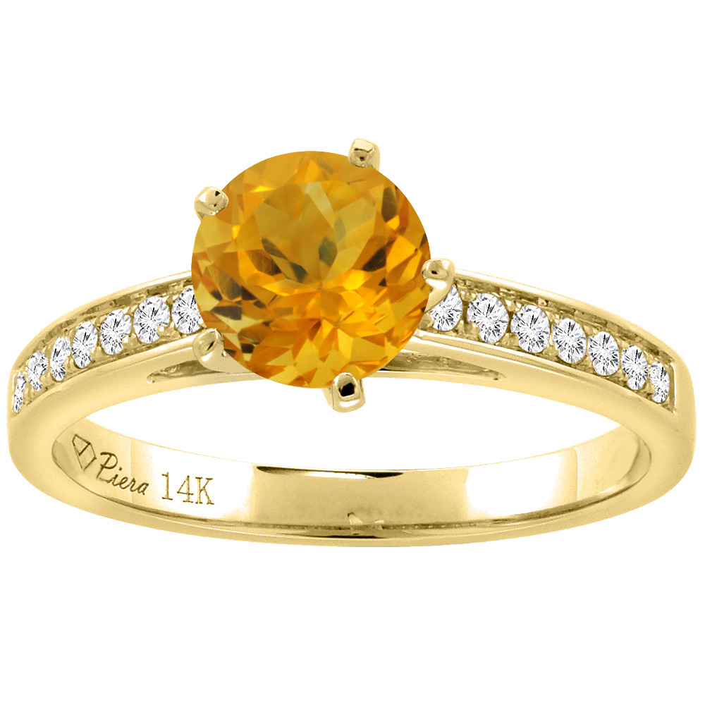 14K Yellow Gold Diamond Natural Citrine Engagement Ring Round 7 mm, sizes 5-10