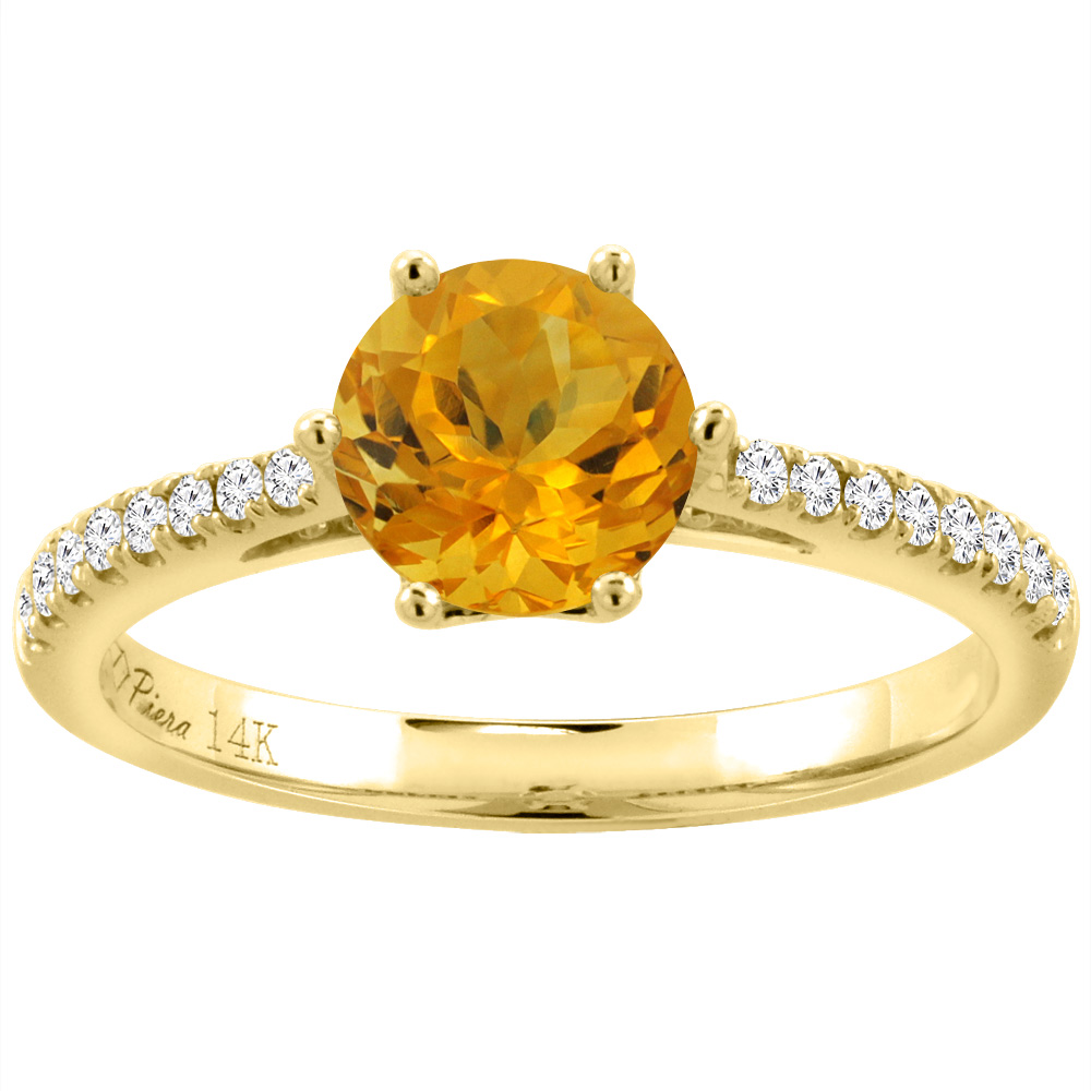 14K Yellow Gold Diamond Natural Citrine Engagement Ring Round 7 mm, sizes 5-10