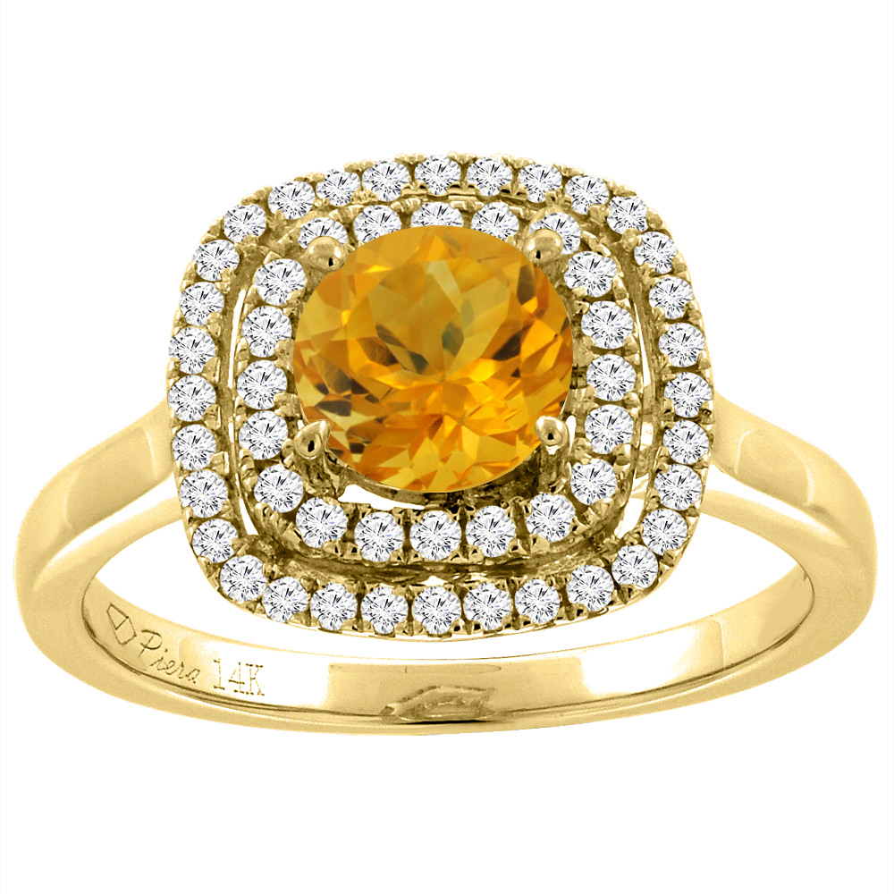 14K Yellow Gold Natural Citrine Double Halo Diamond Engagement Ring Round 7 mm, sizes 5-10