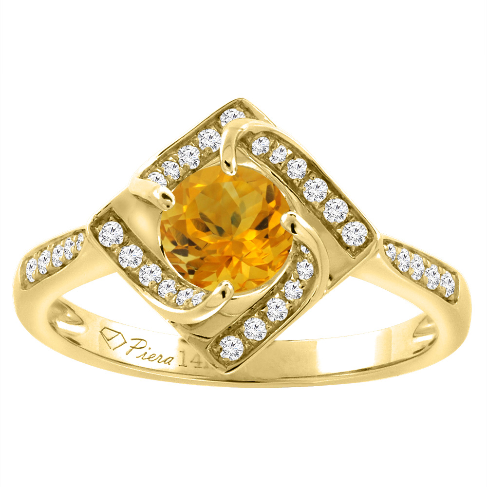 14K Yellow Gold Diamond Natural Citrine Engagement Ring Round 7 mm, sizes 5-10
