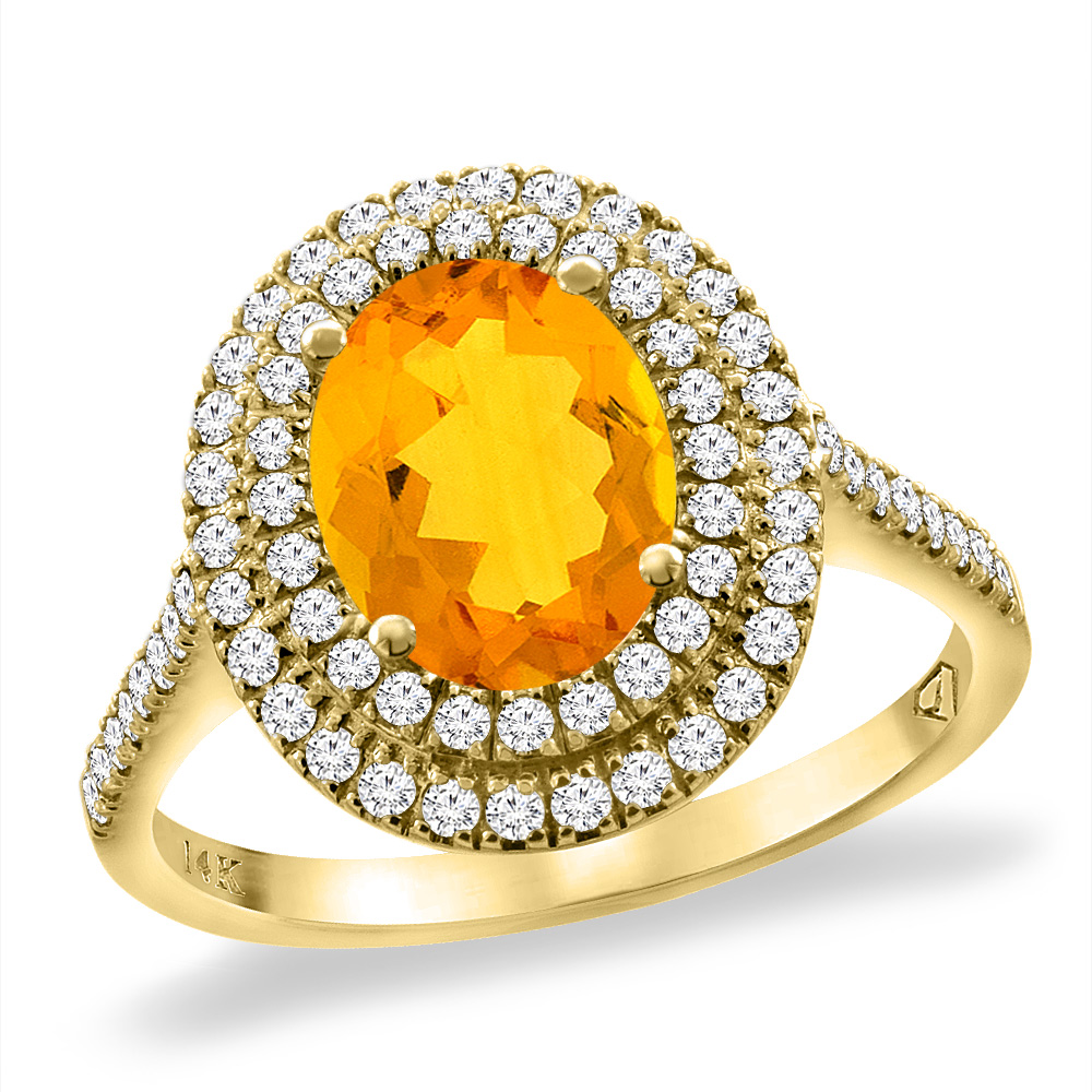 14K Yellow Gold Natural Citrine Two Halo Diamond Engagement Ring 9x7 mm Oval, sizes 5 -10