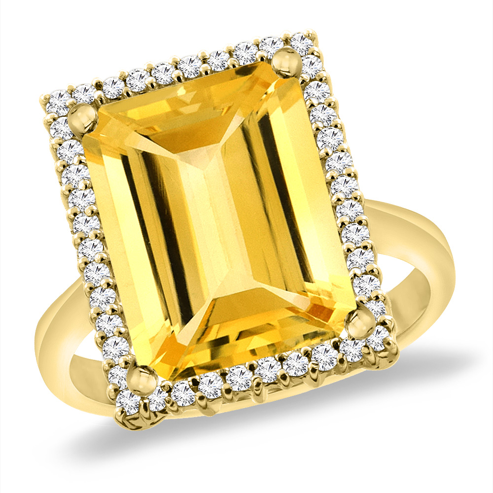14K Yellow Gold Natural Citrine Ring Diamond Accent 14x10 mm Octagon, sizes 5 -10