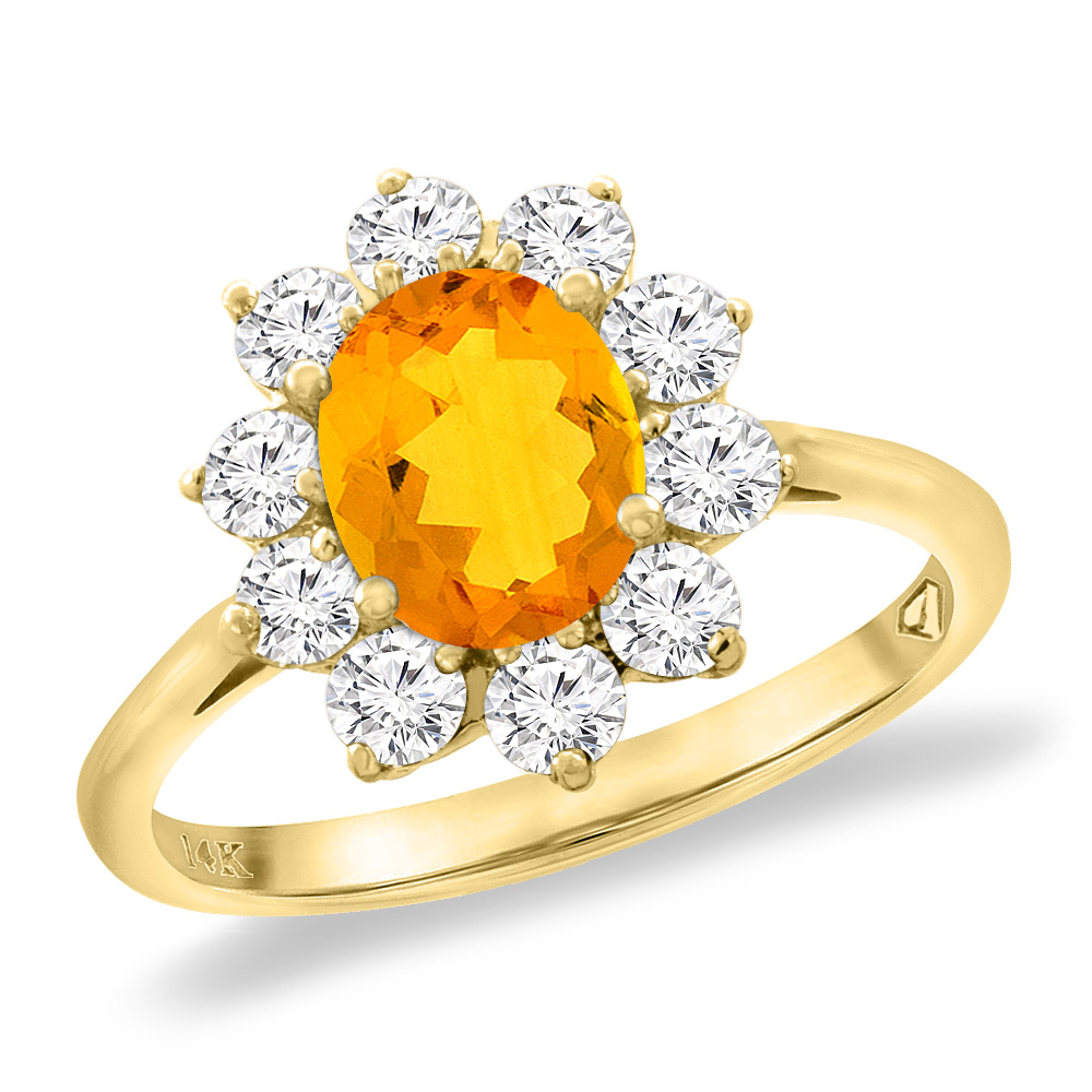 14K Yellow Gold Diamond Natural Citrine Engagement Ring Oval 8x6 mm, sizes 5 -10