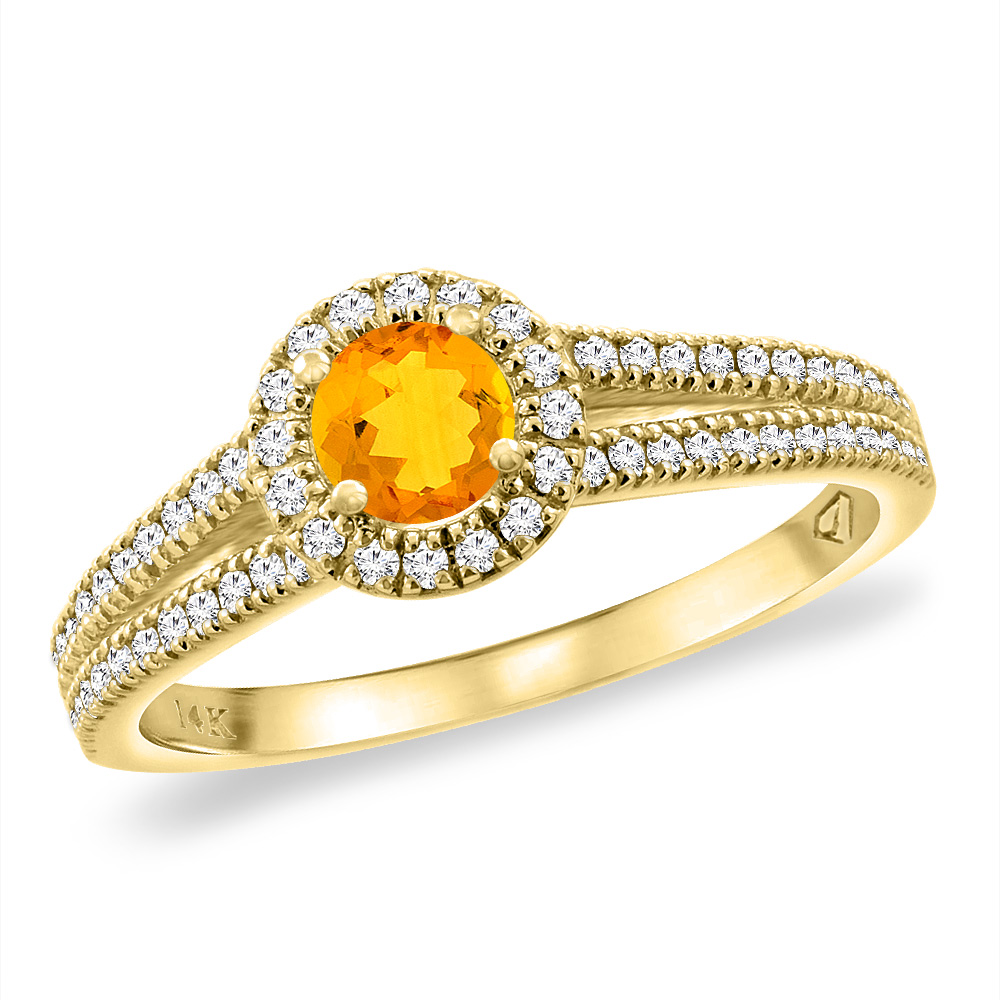 14K Yellow Gold Natural Citrine Split Shank Diamond Halo Engagement Ring 4mm Round, sizes 5 -10