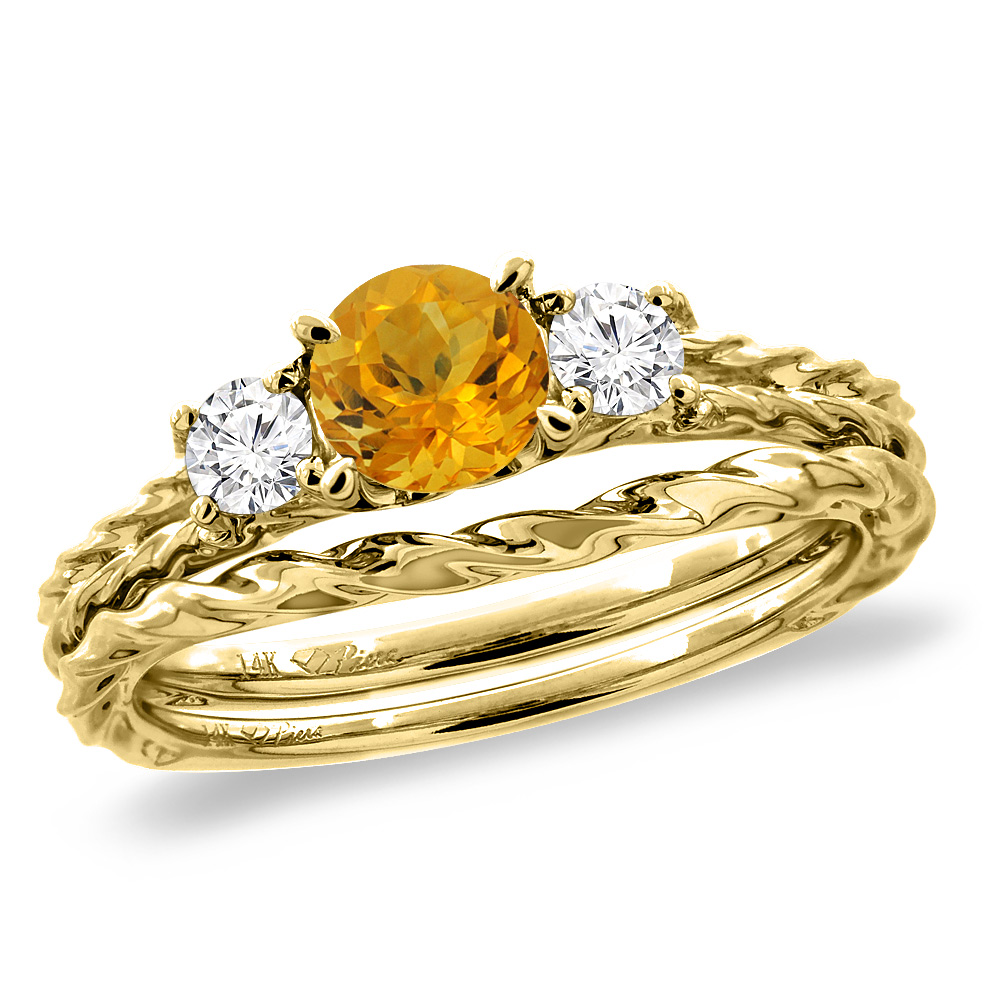 14K Yellow Gold Diamond Natural Citrine 2pc Engagement Ring Set Round 6mm Twisted, sizes 5-10