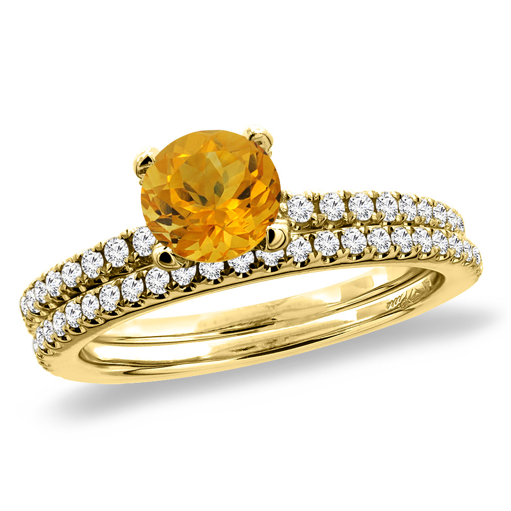 14K Yellow Gold Diamond Natural Citrine 2pc Engagement Ring Set Round 5 mm, sizes 5-10
