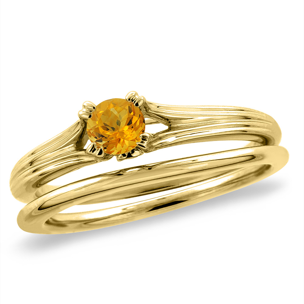 14K Yellow Gold Diamond Natural Citrine 2pc Solitaire Engagement Ring Set Round 5 mm, sizes 5 -10