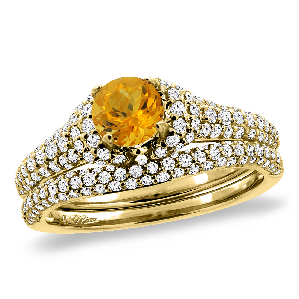 14K Yellow Gold Diamond Natural Citrine 2pc Engagement Ring Set Round 5 mm, sizes 5-10