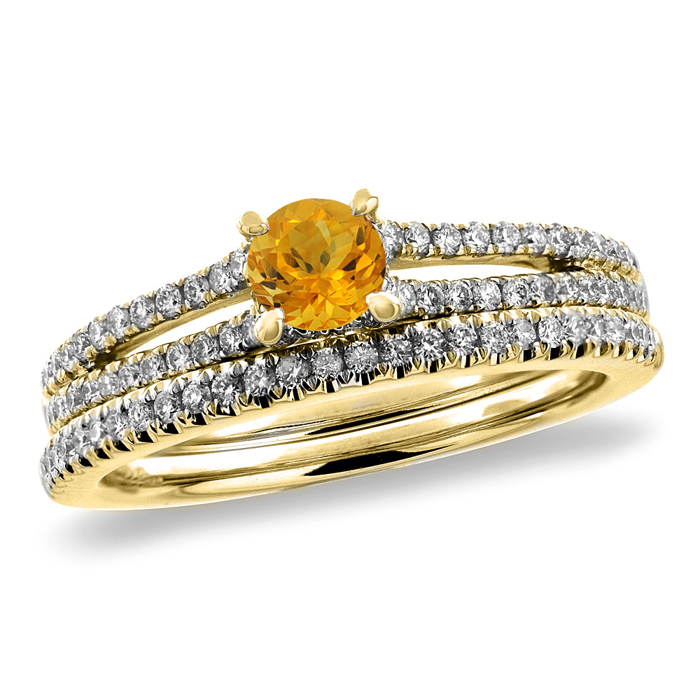 14K Yellow Gold Diamond Natural Citrine 2pc Engagement Ring Set Round 5 mm, sizes 5-10