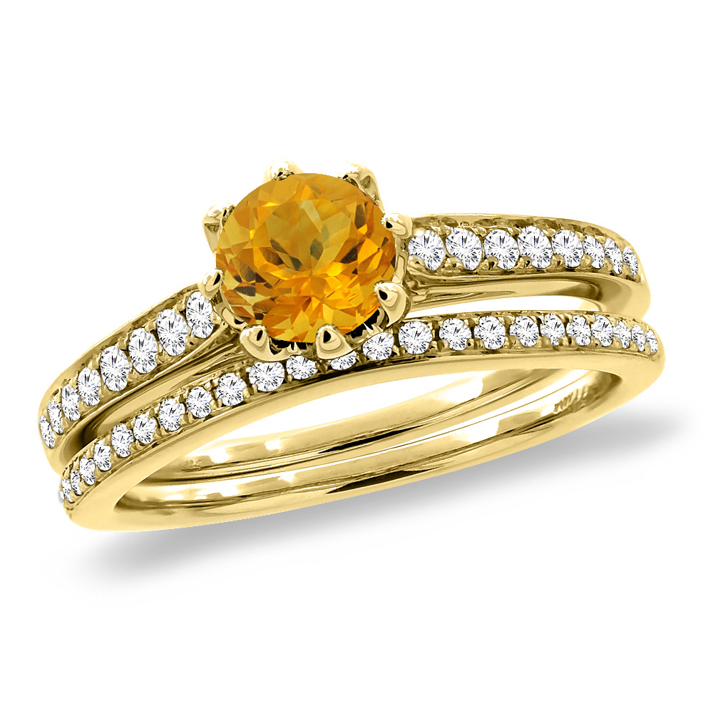 14K Yellow Gold Diamond Natural Citrine 2pc Engagement Ring Set Round 5 mm, sizes 5-10
