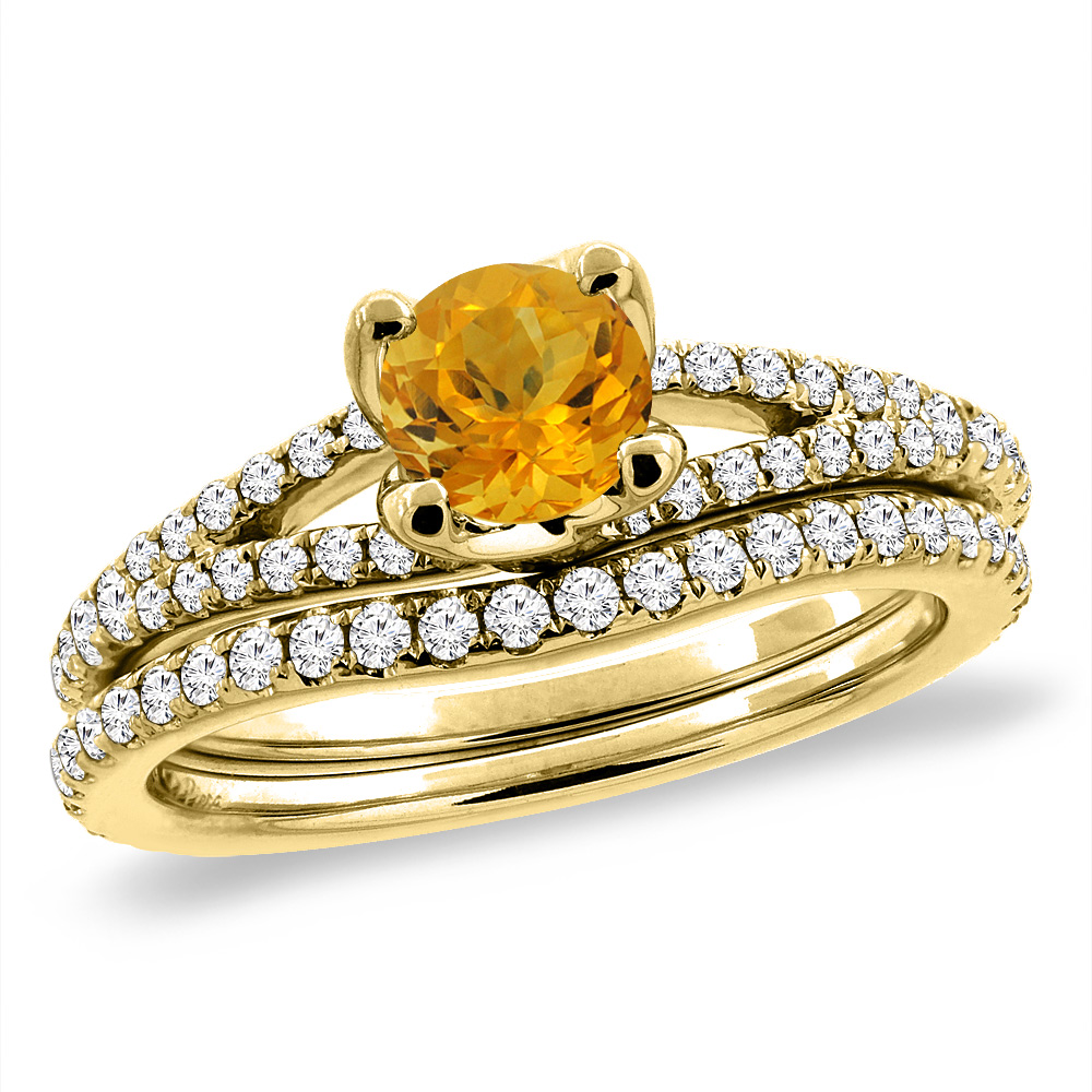 14K Yellow Gold Diamond Natural Citrine 2pc Engagement Ring Set Round 5 mm, sizes 5-10