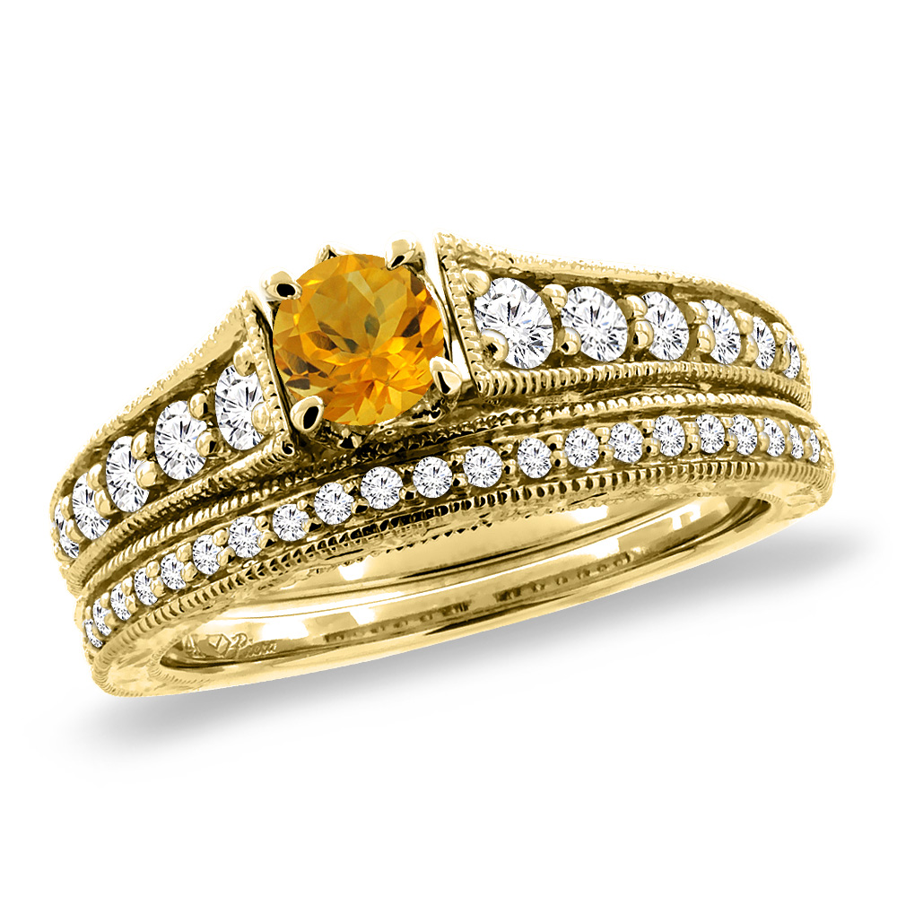 14K Yellow Gold Diamond Natural Citrine 2pc Engagement Ring Set Round 5 mm, sizes 5-10