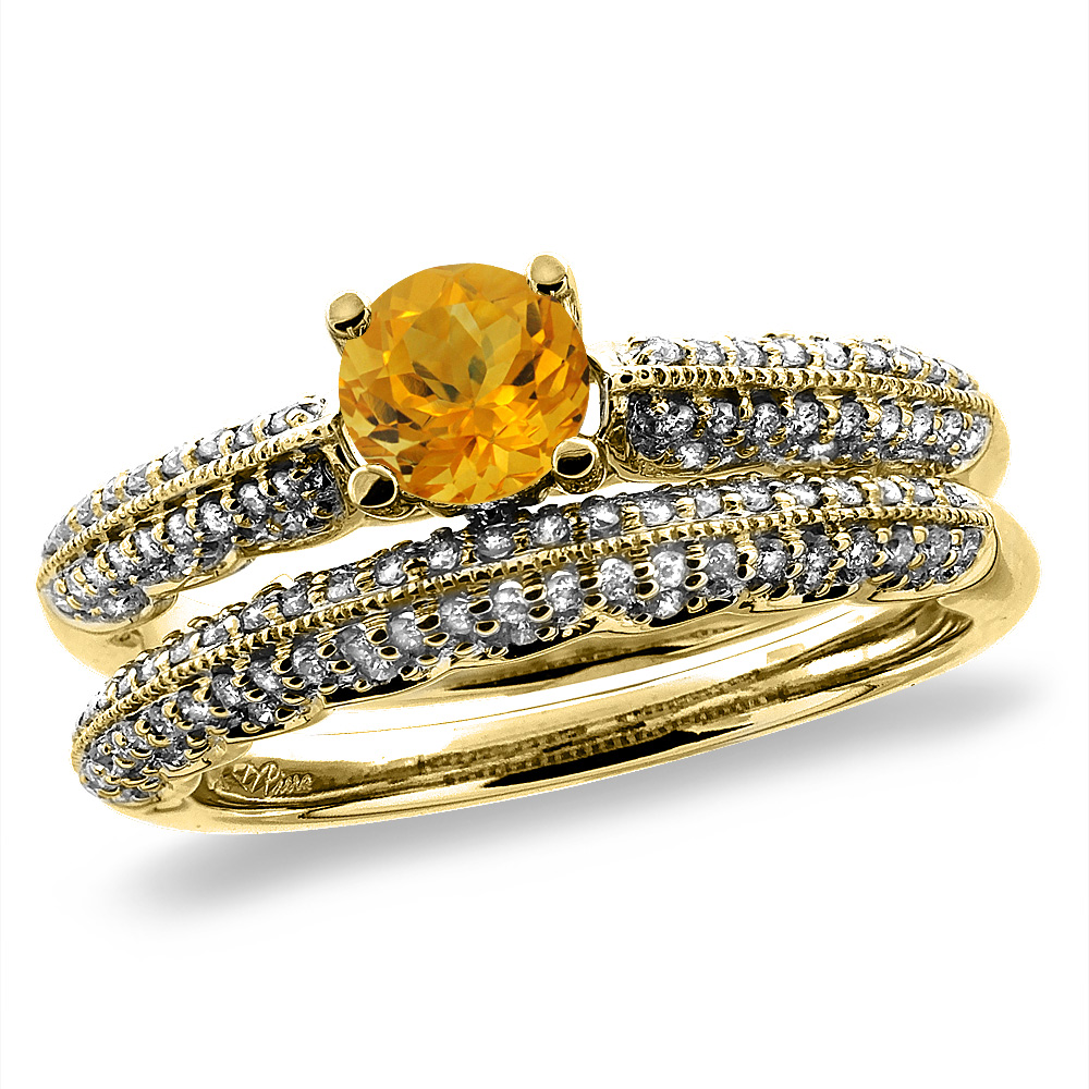 14K Yellow Gold Diamond Natural Citrine 2pc Engagement Ring Set Round 5 mm, sizes 5-10