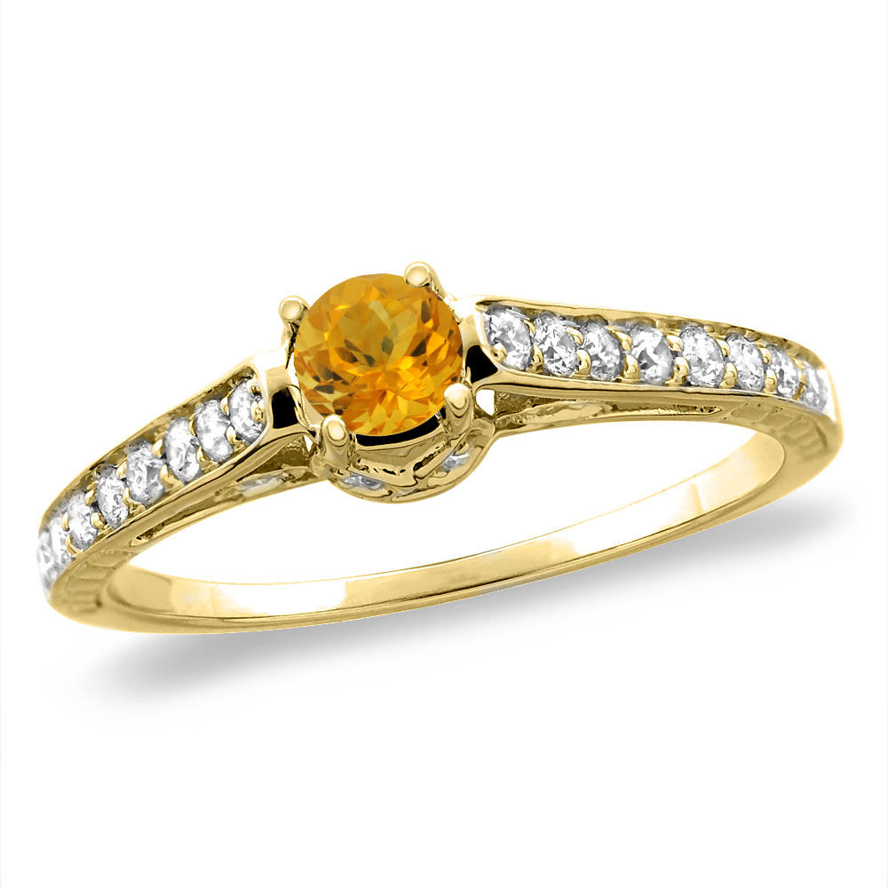 14K White/Yellow Gold Diamond Natural Citrine Engagement Ring Round 5 mm, sizes 5-10