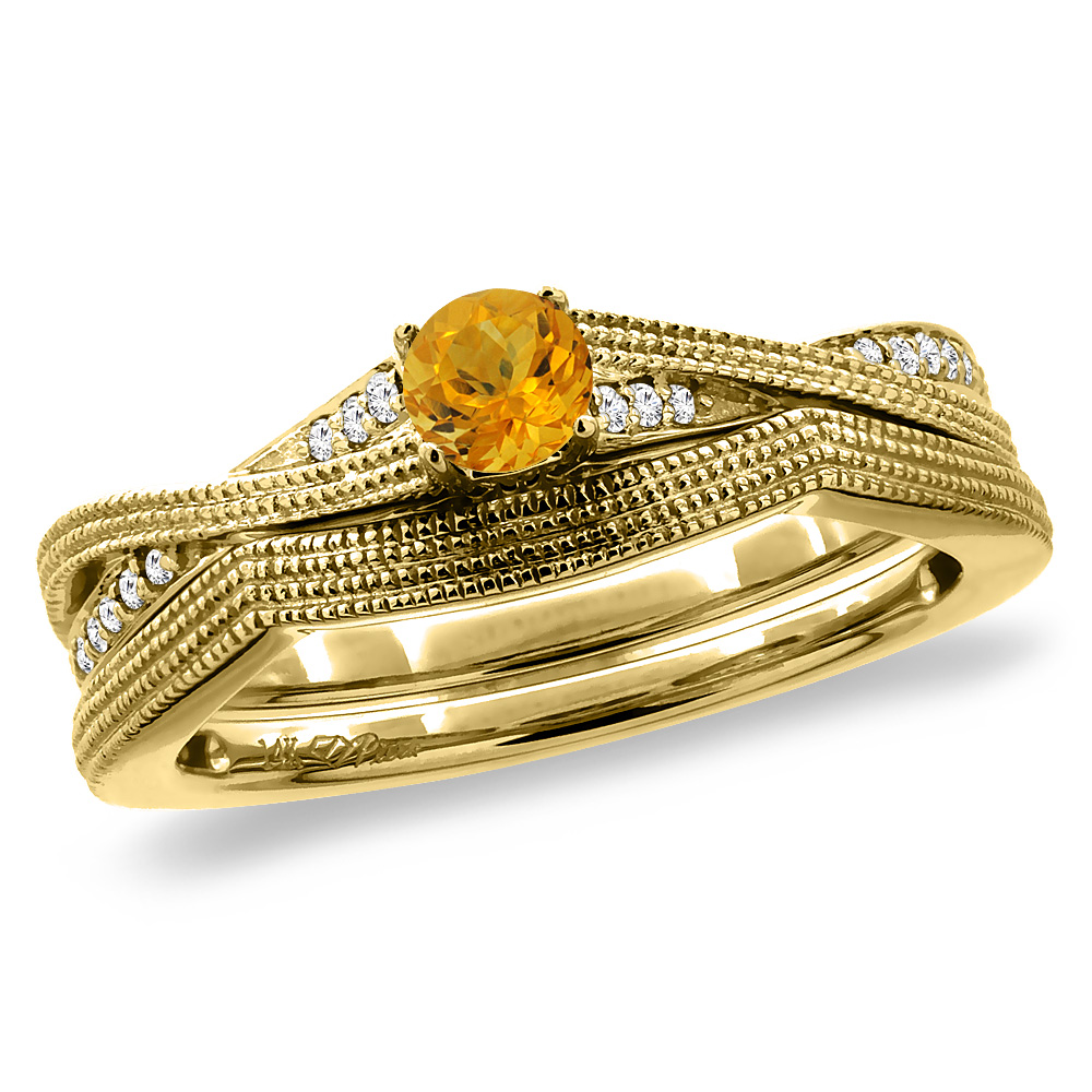 14K Yellow Gold Diamond Natural Citrine 2pc Engagement Ring Set Round 4 mm, sizes 5 - 10