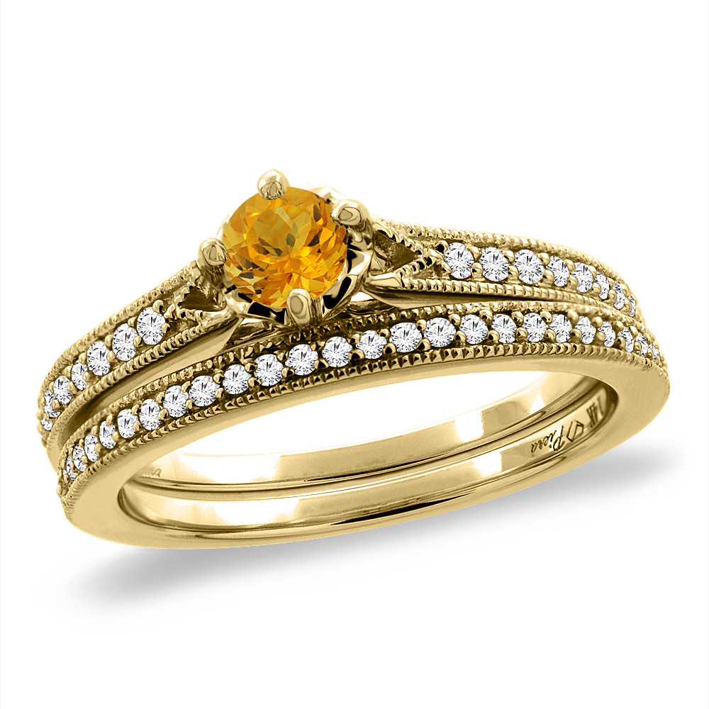14K Yellow Gold Diamond Natural Citrine 2pc Engagement Ring Set Round 4 mm, sizes 5 - 10