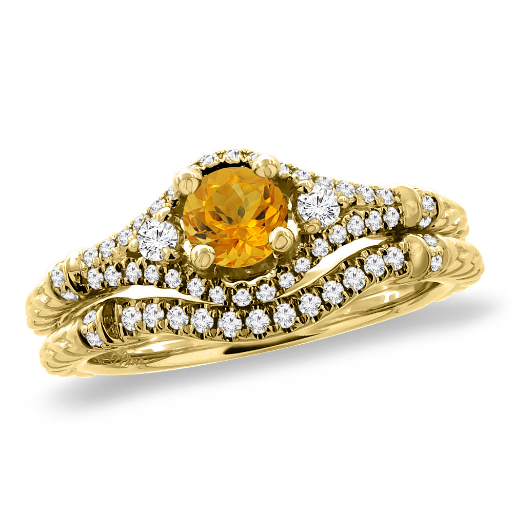 14K Yellow Gold Diamond Natural Citrine 2pc Engagement Ring Set Round 4 mm, sizes 5 - 10