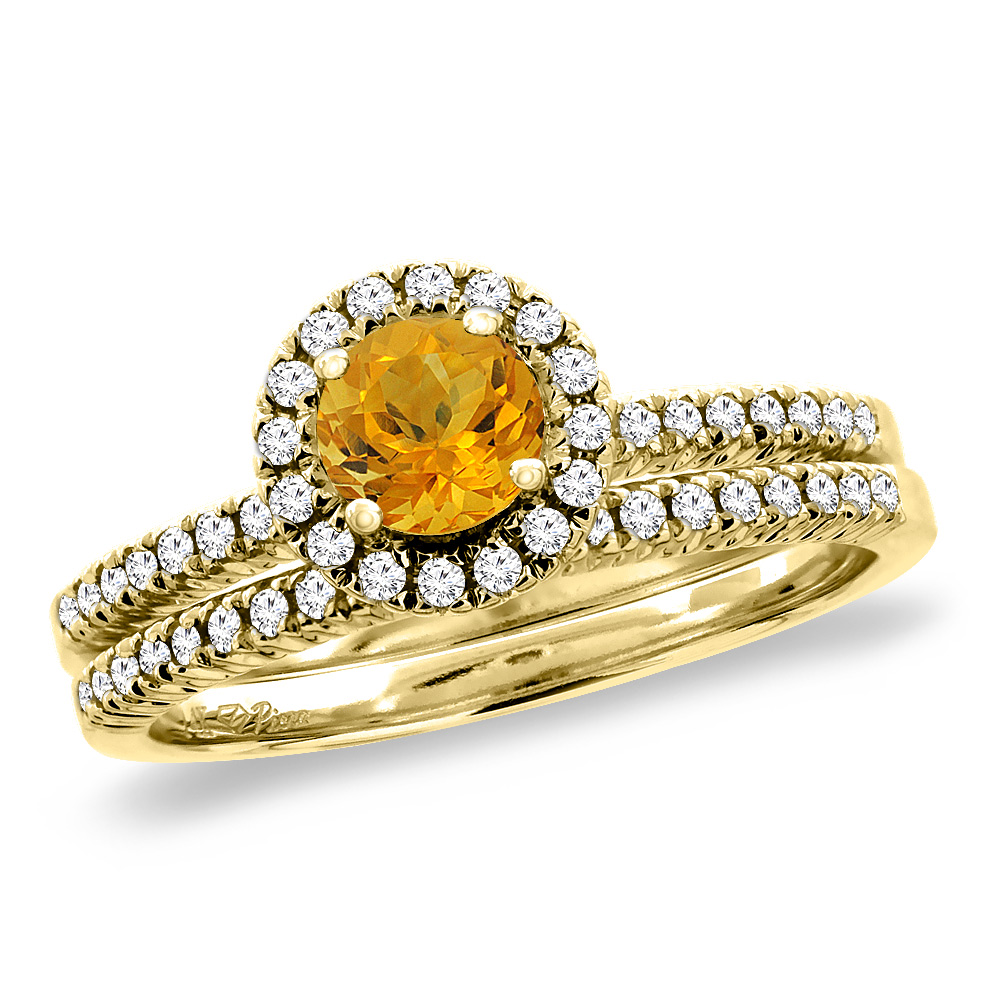 14K Yellow Gold Diamond Natural Citrine 2pc Halo Engagement Ring Set Round 4 mm, size5-10