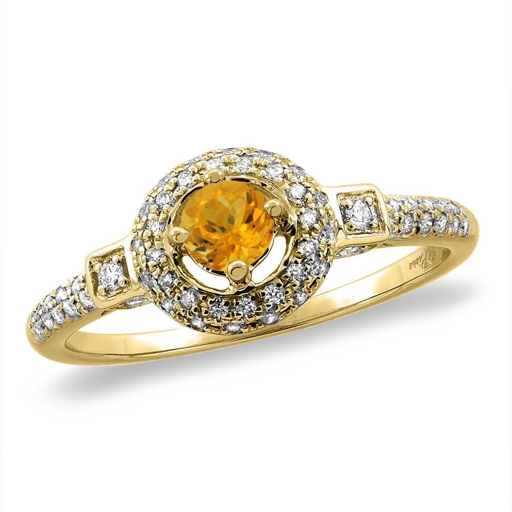 14K White/Yellow Gold Diamond Natural Citrine Halo Engagement Ring Round 4 mm, sizes 5 -10