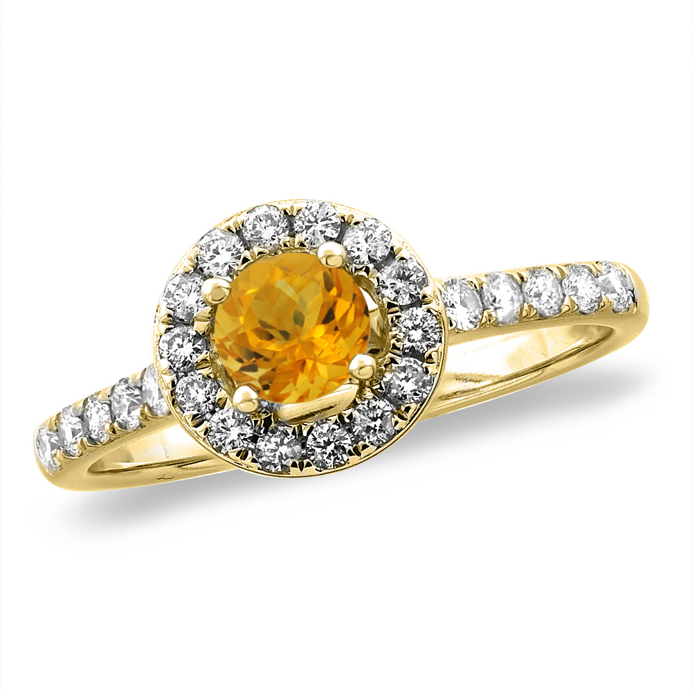 14K White/Yellow Gold Diamond Natural Citrine Halo Engagement Ring Round 4 mm, sizes 5 -10