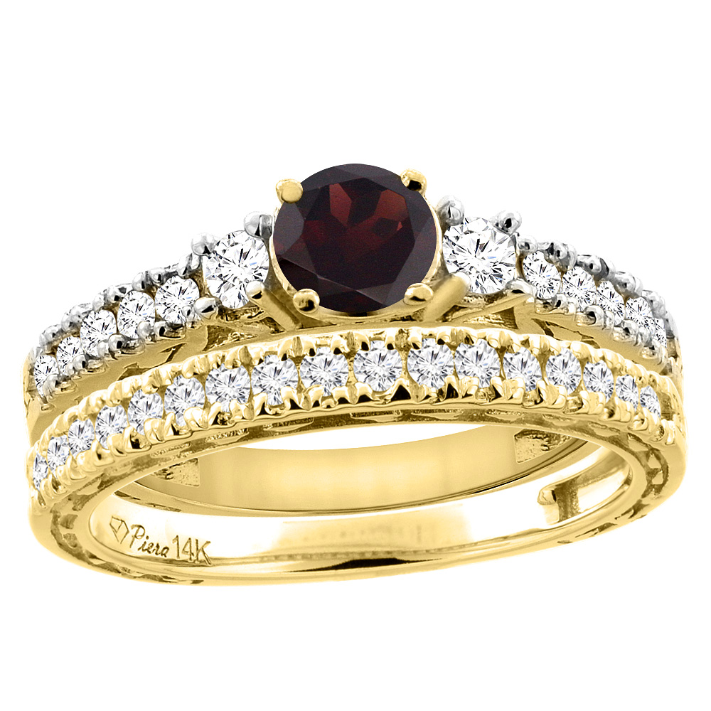 14K Yellow Gold Diamond Natural Garnet Engagement 2-pc Ring Set Engraved Round 6 mm, sizes 5 - 10
