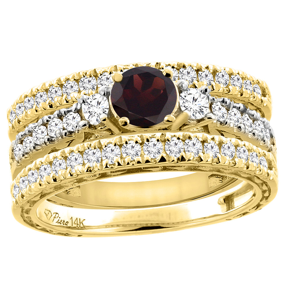 14K Yellow Gold Diamond Natural Garnet Engagement 3-pc Ring Set Engraved Round 6 mm, sizes 5 - 10