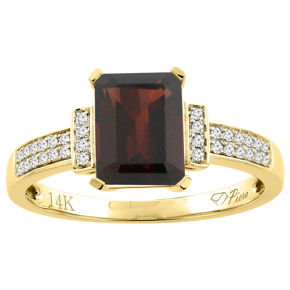 14K Gold Natural Garnet Ring Octagon 8x6 mm Diamond Accents, sizes 5 - 10