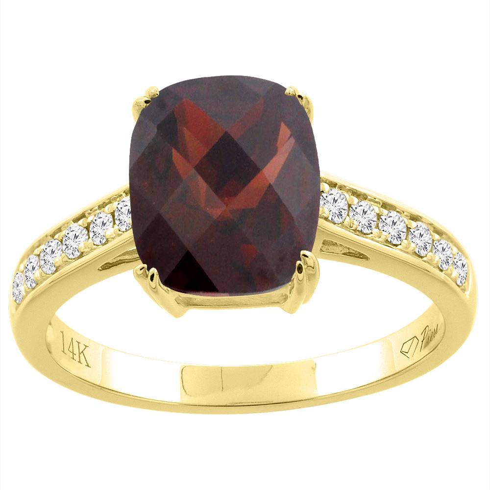 14K Gold Natural Garnet Ring Cushion Cut 9x7 mm Diamond Accents, sizes 5 - 10