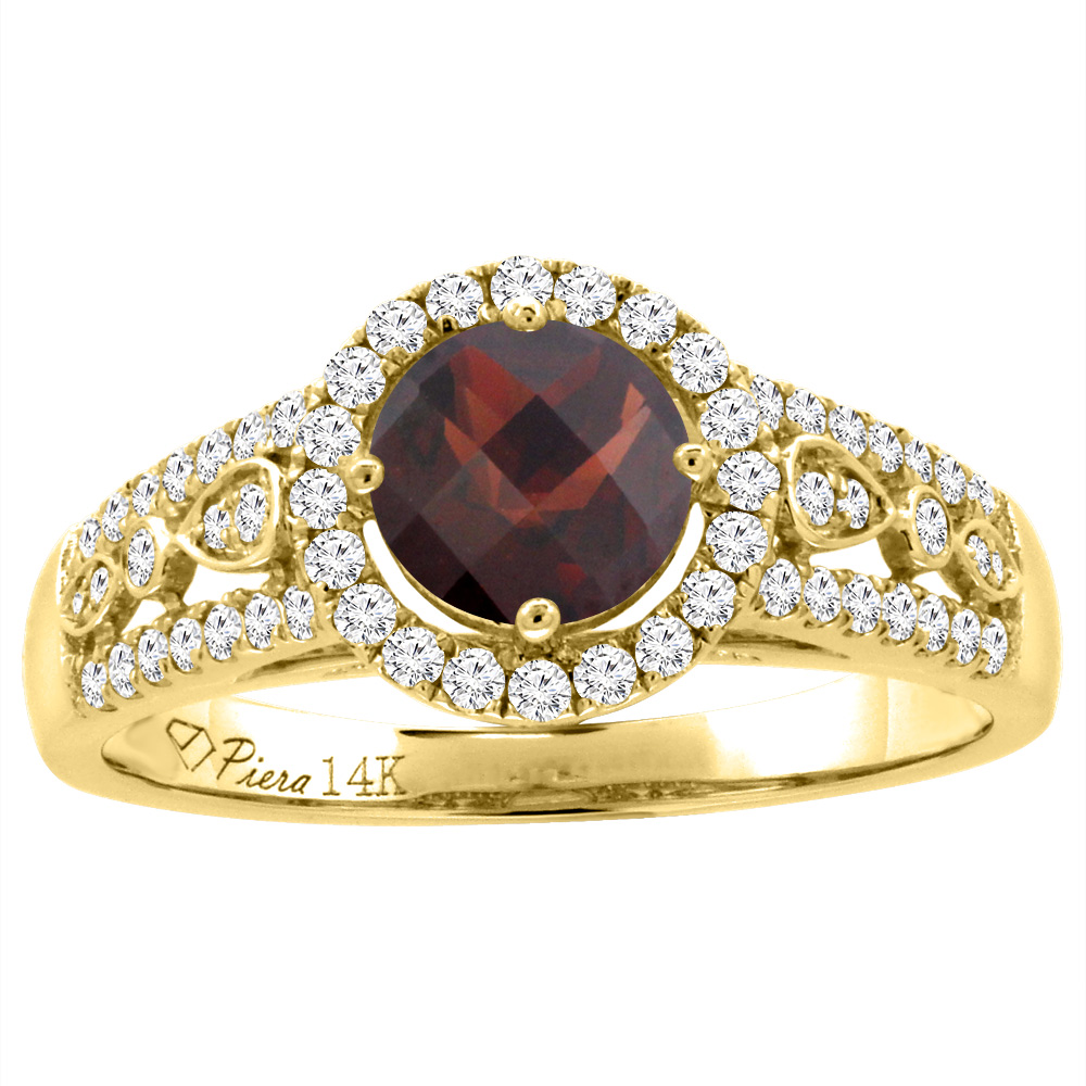 14K Yellow Gold Diamond Natural Garnet Engagement Halo Ring Round 7 mm, sizes 5-10