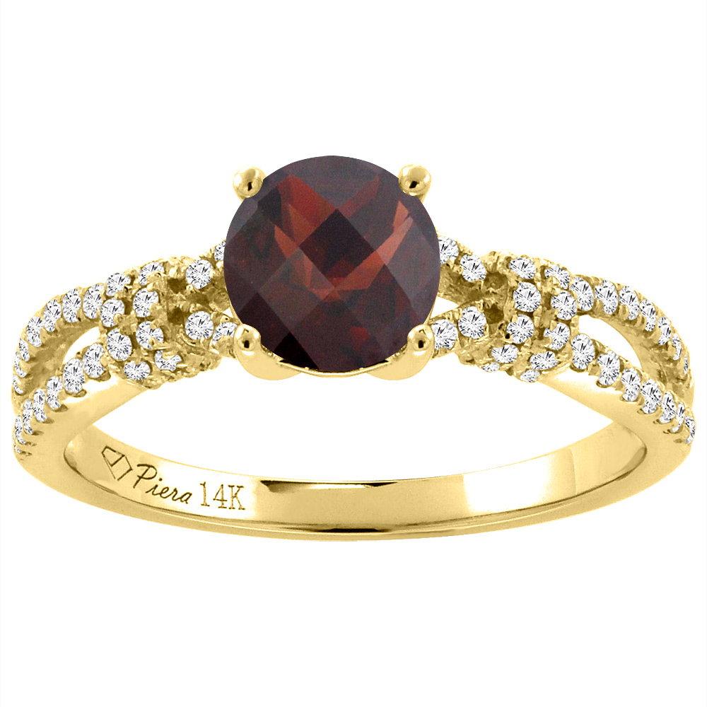 14K Yellow Gold Diamond Natural Garnet Engagement Ring Round 7 mm, sizes 5-10