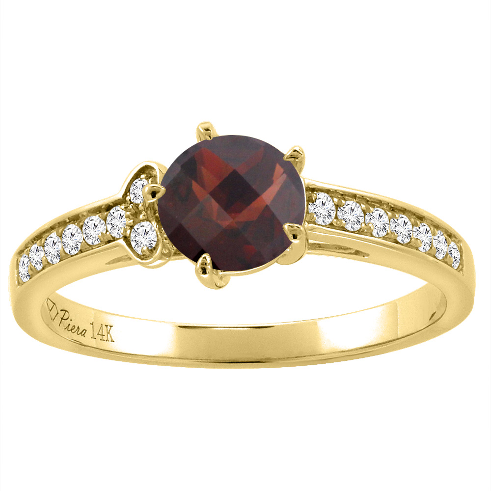 14K Yellow Gold Diamond Natural Garnet Engagement Ring Round 7 mm, sizes 5-10
