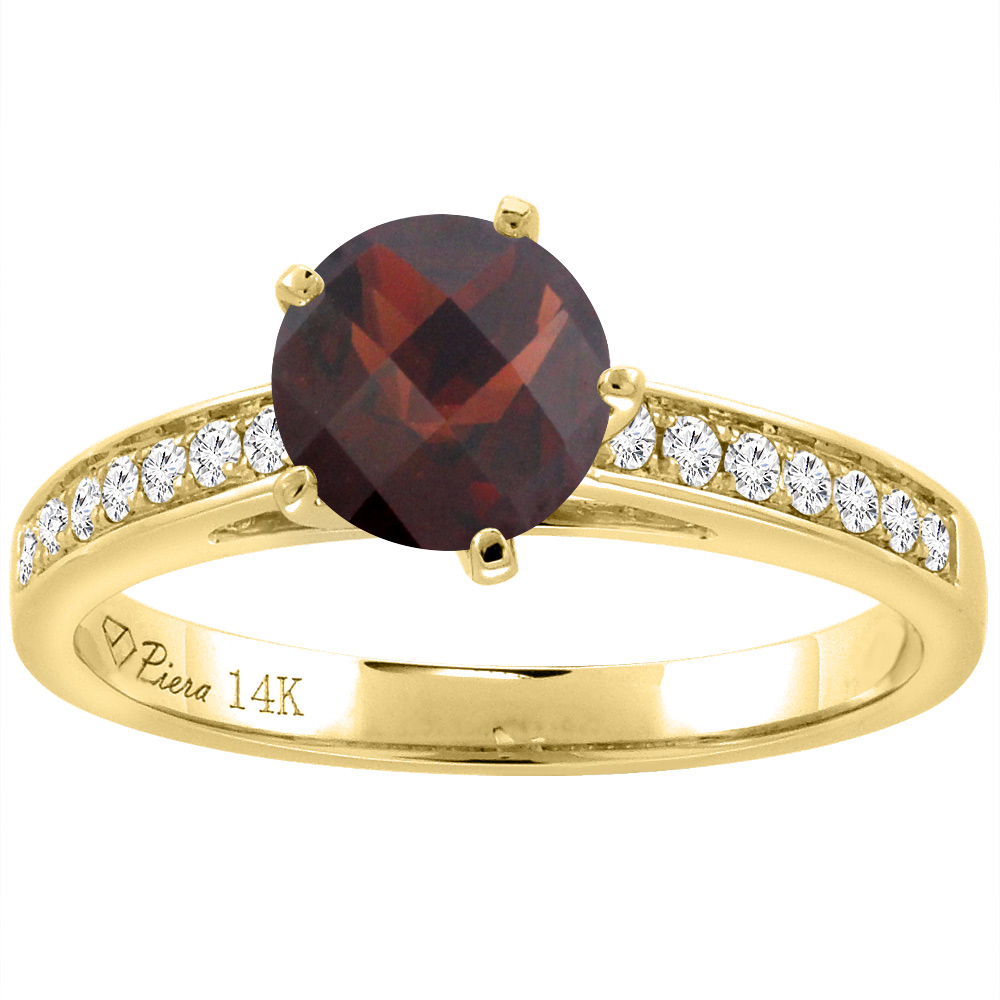 14K Yellow Gold Diamond Natural Garnet Engagement Ring Round 7 mm, sizes 5-10
