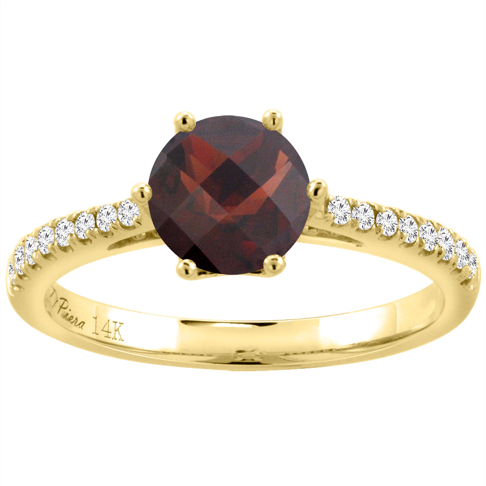 14K Yellow Gold Diamond Natural Garnet Engagement Ring Round 7 mm, sizes 5-10