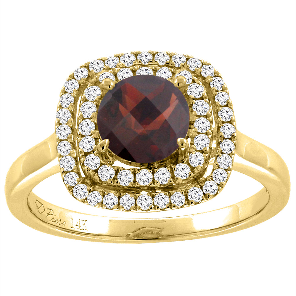 14K Yellow Gold Natural Garnet Double Halo Diamond Engagement Ring Round 7 mm, sizes 5-10