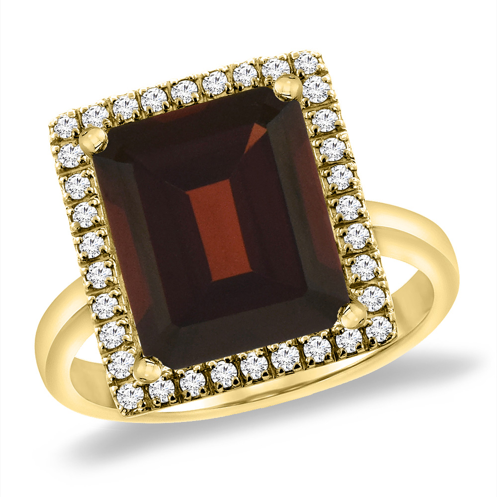 14K Yellow Gold Natural Garnet Ring Diamond Accent 12x10 mm Octagon, sizes 5 -10