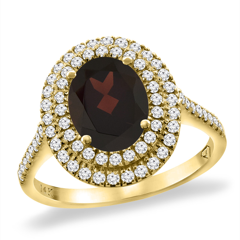 14K Yellow Gold Natural Garnet Two Halo Diamond Engagement Ring 9x7 mm Oval, sizes 5 -10