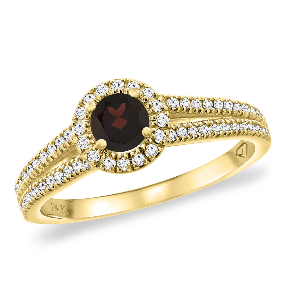 14K Yellow Gold Natural Garnet Split Shank Diamond Halo Engagement Ring 4mm Round, sizes 5 -10