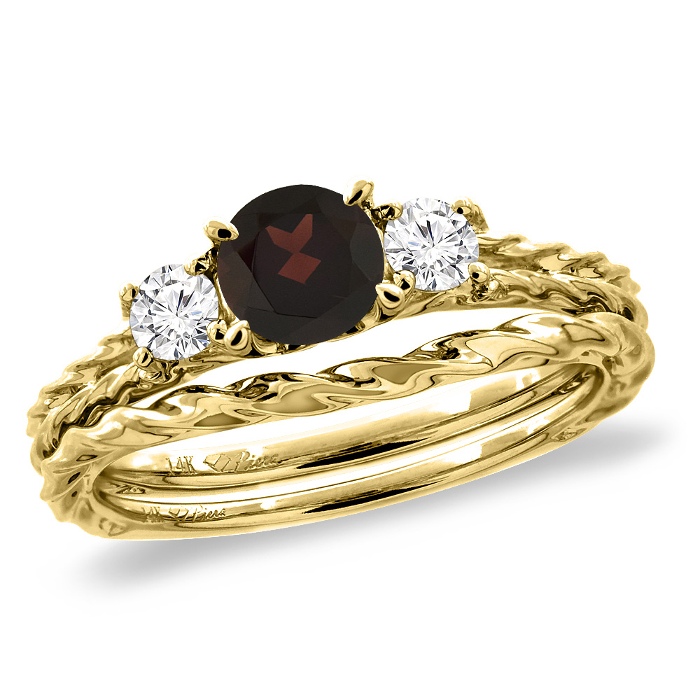 14K Yellow Gold Diamond Natural Garnet 2pc Engagement Ring Set Round 6mm Twisted, sizes 5-10