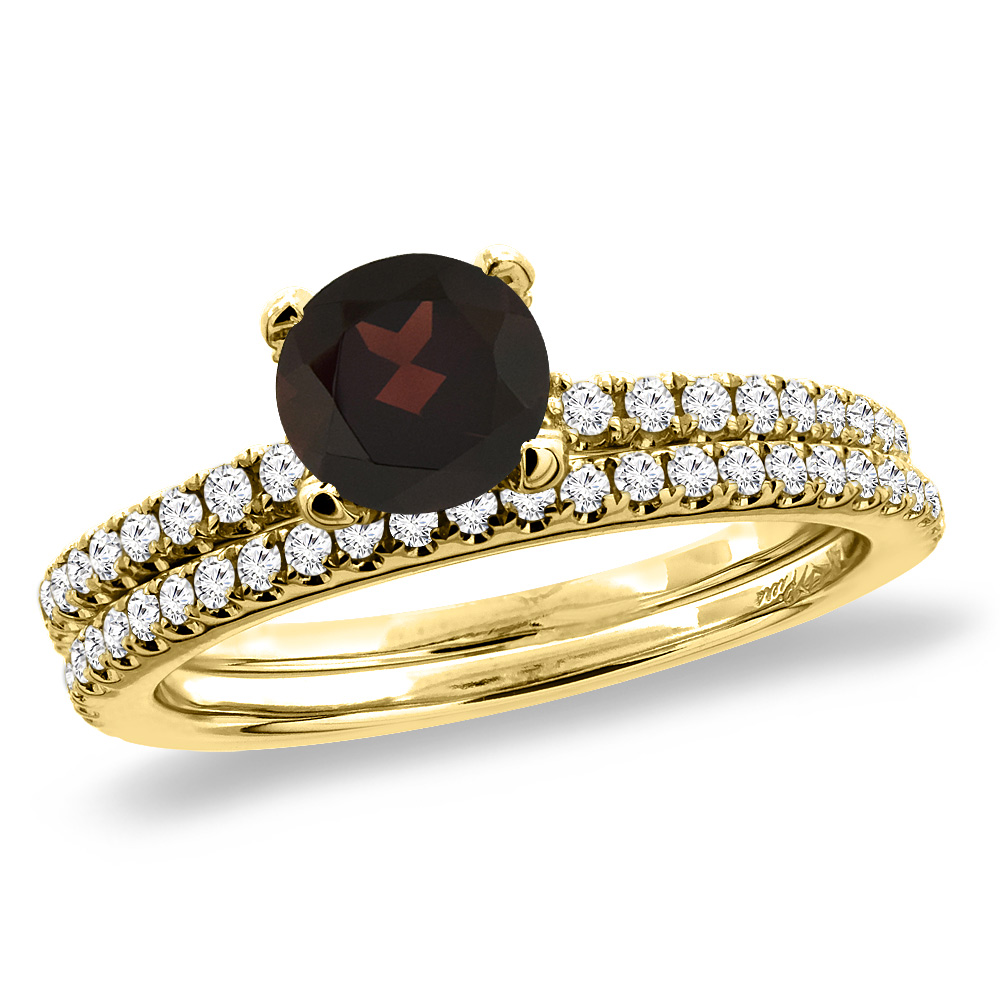 14K Yellow Gold Diamond Natural Garnet 2pc Engagement Ring Set Round 5 mm, sizes 5-10