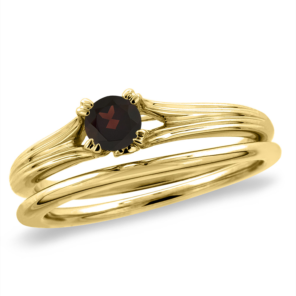 14K Yellow Gold Diamond Natural Garnet 2pc Solitaire Engagement Ring Set Round 5 mm, sizes 5 -10