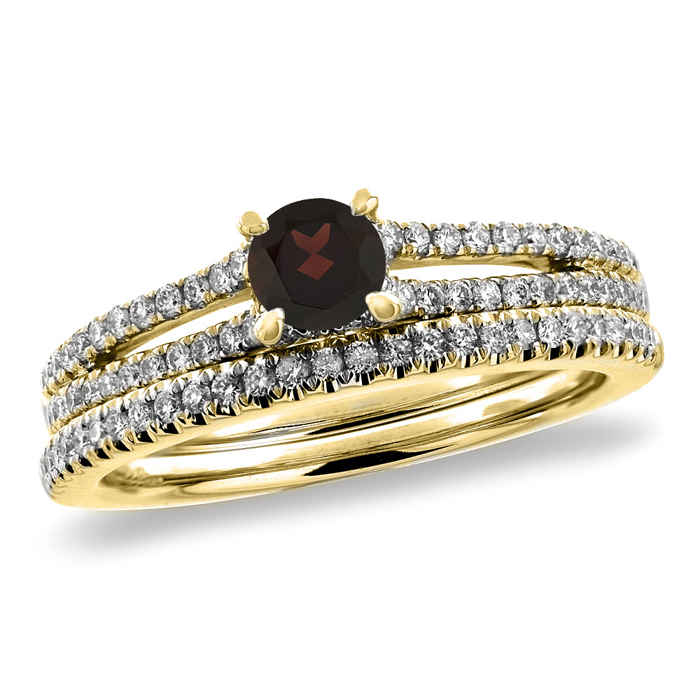 14K Yellow Gold Diamond Natural Garnet 2pc Engagement Ring Set Round 5 mm, sizes 5-10